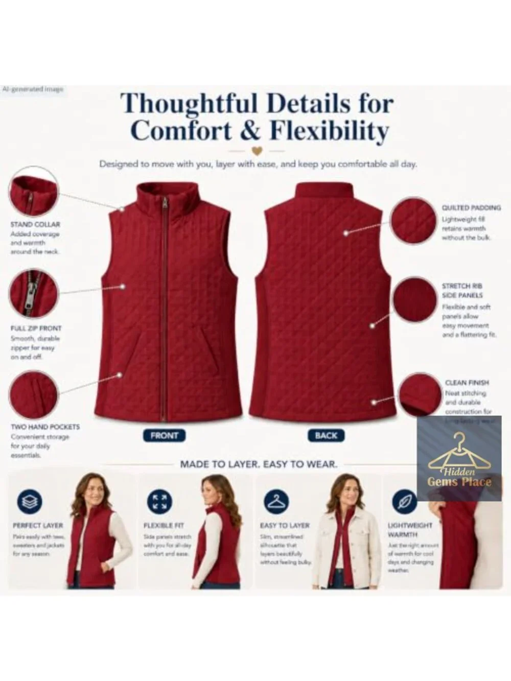 Quilted Sleeveless Vest Lightweight Zip Front Womens Outerwear